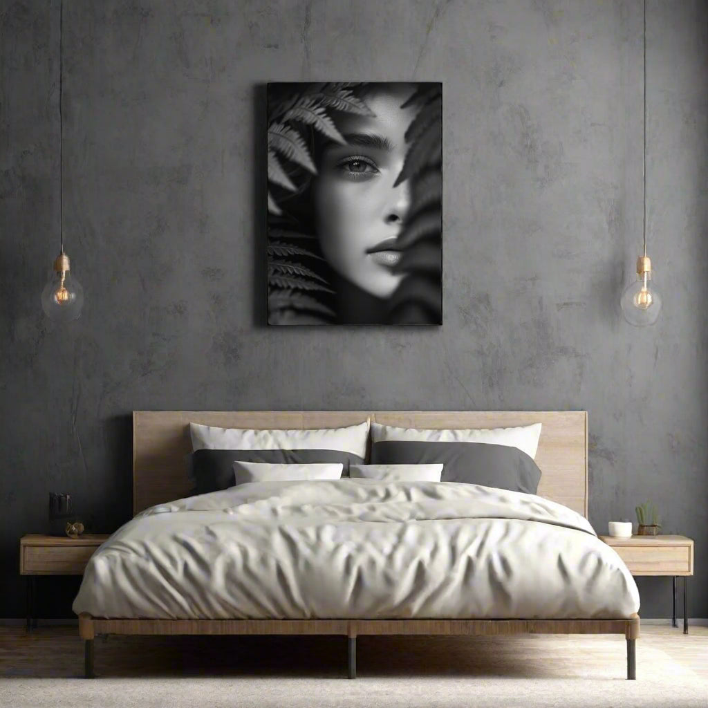 Jen Fargeot Creative | Black & White | Wall Art | Girl Behind Fern Leaves | Canvas