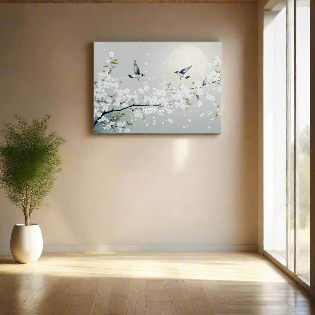 Jen Fargeot Creative | Japanese | Wall Art | Birds and White Cherry Blossoms | Canvas