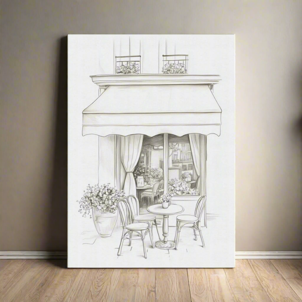 Jen Fargeot Creative | Pencil Drawing | Elegant Parisian Café (2) | Wall Art | Canvas